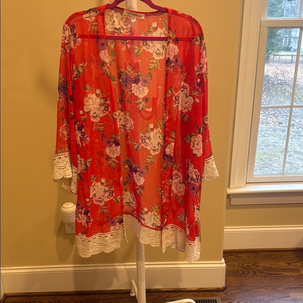 Floral Red Sheer Kimono with Lace Trim